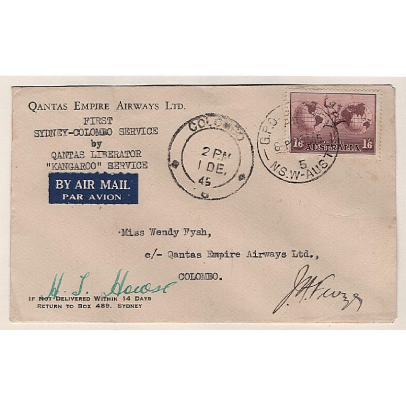 (KB15177) AUSTRALIA · 1945: QANTAS EMPIRE AIRWAYS LTD. envelope carried on 1st Sydney-Colombo flight on "Kangaroo Service" AAMC #1016 · signed by pilots with arrival cds · fine condition · c.v. AU$150