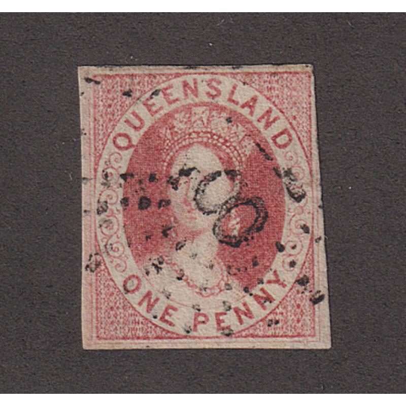 (LD1041) QUEENSLAND · 1860: nicely used 4 margin 1d carmine-rose QV Chalon SG 1 in fine condition · accompanied by a BPA certificate (1948) · c.v. £850 (2 images)