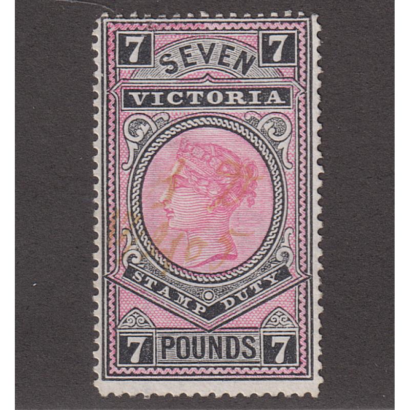 (LD1047) VICTORIA · 1887: used £7 rose & black QV S/Duty Craig 3.142 · NO PIN-HOLES or any other fault · examples this good are elusive · Elsmore online c.v. AU$250