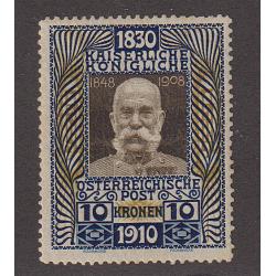 (LD1060) AUSTRIA · 1910: mint 10K blue, bistre and deep brown Franz-Josef Jubilee commemorative Scott #144 · excellent condition front & back · c.v. US$200 (2 images)