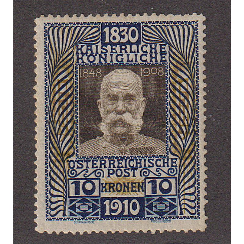 (LD1060) AUSTRIA · 1910: mint 10K blue, bistre and deep brown Franz-Josef Jubilee commemorative Scott #144 · excellent condition front & back · c.v. US$200 (2 images)