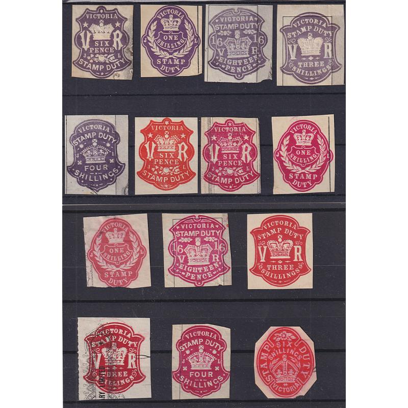 (LD1068) VICTORIA · 1890s/.1960s: assembly of embossed S/Duties on document clippings with values in lilac to 4/- and red to 6/- · some shade variations includes (14)