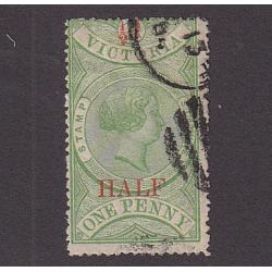 (LD1069) VICTORIA · 1886: postally used ½d surcharged 1d pale green QV Stamp Statute SG 234 · c.v. £120 (2 images)