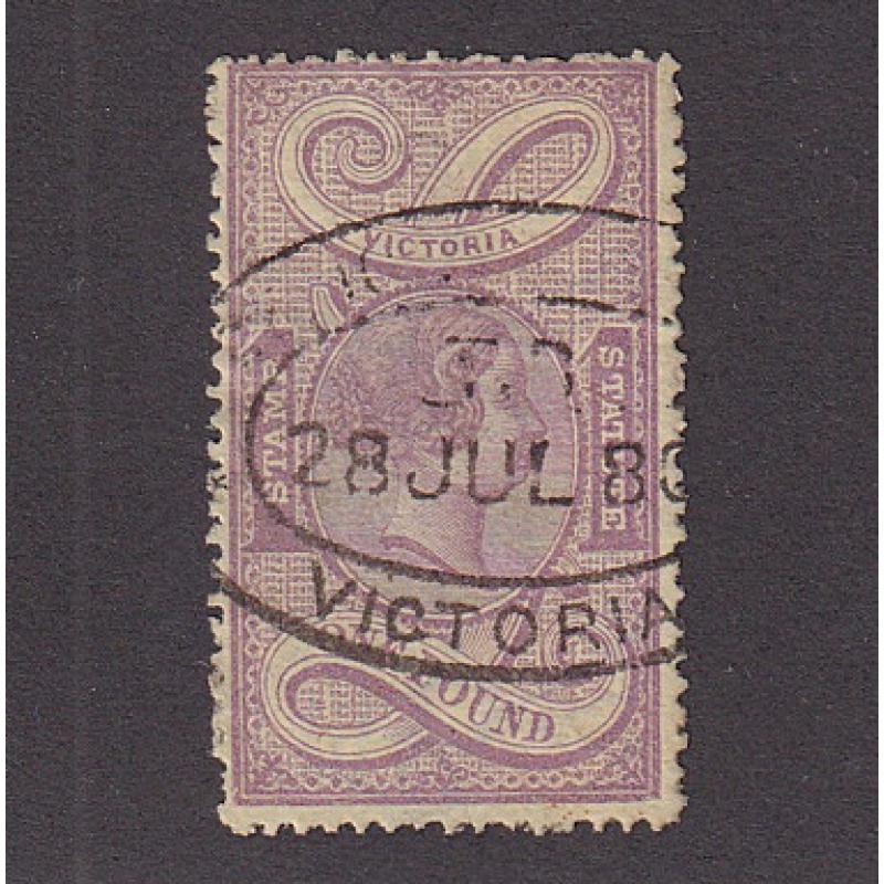 (LD1070) VICTORIA · 1882: used £1 mauve on yellow QV Stamp Statute perf.12.5 Craig 3.16a(iii) · pulled perf near LL cnr o/wise in excellent condition (2 images)