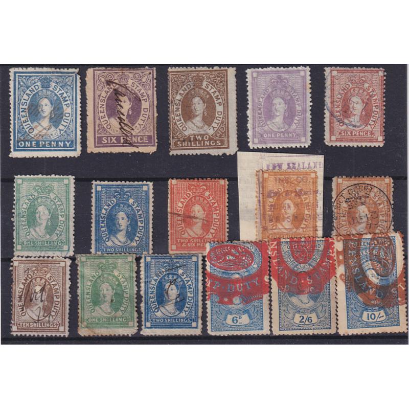 (LD1082) QUEENSLAND · s/card housing a small range of various used S/Duties with values to 10/- · mixed condition so please view the largest image (16)