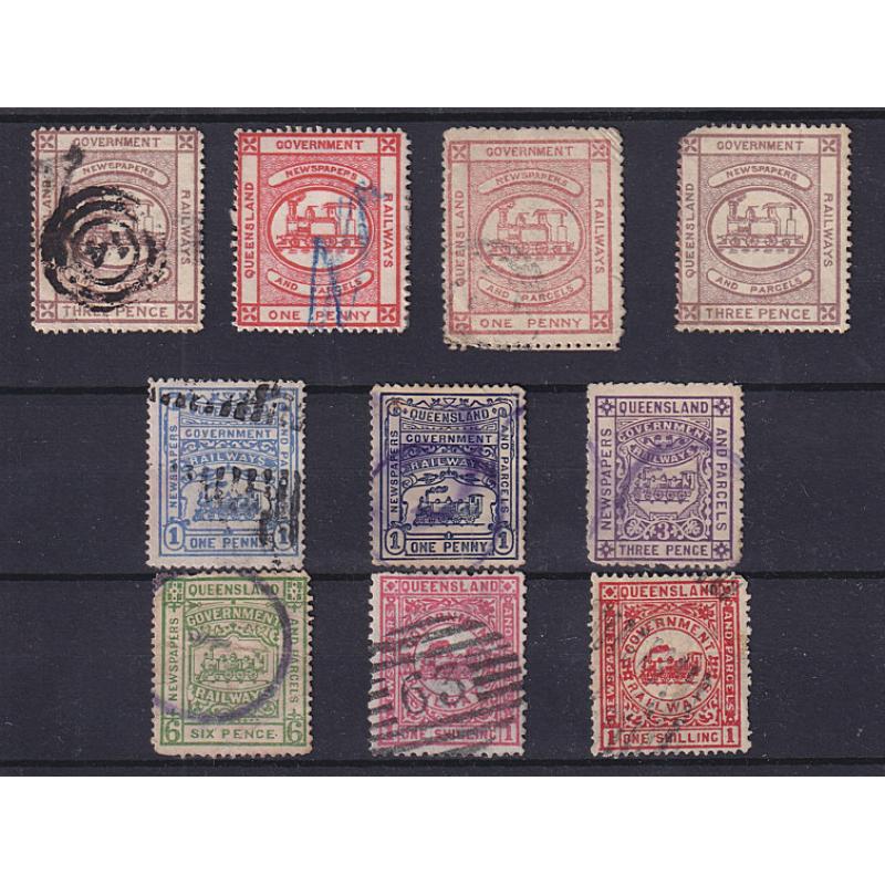 (LD1082) QUEENSLAND · 1890s: small assembly of Railway Newspaper & Parcel stamps to 1/- · mixed condition so please view the largest image · numeral cancels '14' and '63' noted (10)