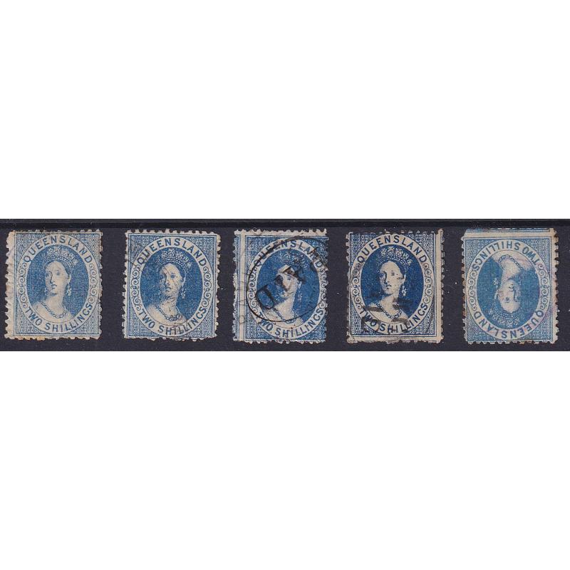 (LD1083) QUEENSLAND · 1880: 5x fiscally used 2/- blue QV Chalons, 4 in different shades and onw with an inverted wmk · condition varies but all are of a collectable grade (5)