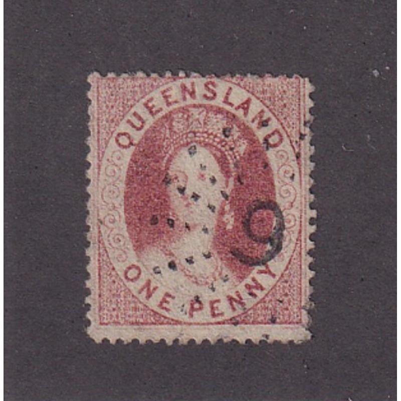 (LD1084) QUEENSLAND · 1860: used 1d carmine-rose QV Chalon (L Star Wmk · with clean-cut perfs) SG4 in very nice condition front/back · c.v. £400 (2 images)