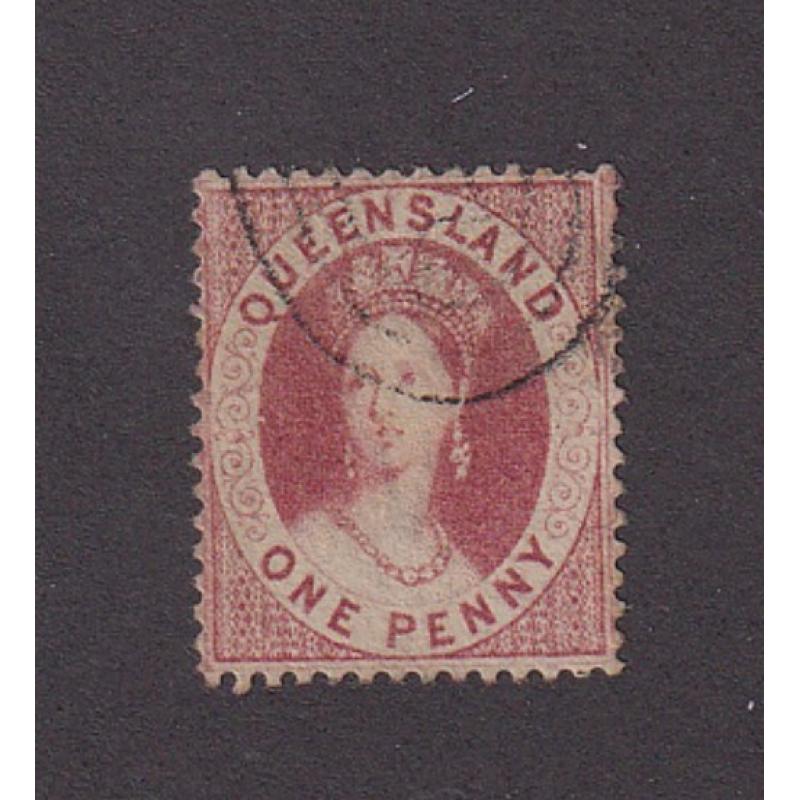 (LD1087) QUEENSLAND · 1861: nicely used 1d carmine QV Chalon (Small Star wmk · clean cut perfs) SG 12 · fine condition front/back · c.v. £60 (2 images)