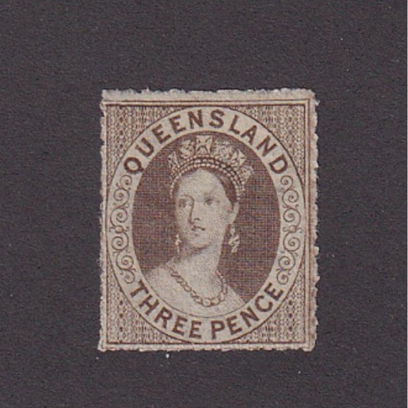 (LD1088) QUEENSLAND · 1861: fresh mint 3d brown QV Chalon (Small Star wmk · roughly cut perfs) SG 16 · in excellent example in all respects · c.v. £90 (2 images)