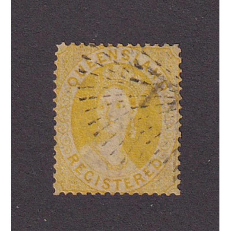 (LD1089) QUEENSLAND · 1861: used (6d) olive-yellow 'REGISTERED' QV Chalon (Small Star wmk · cleanly cut perfs) · excellent condition · c.v. £110 (2 images)