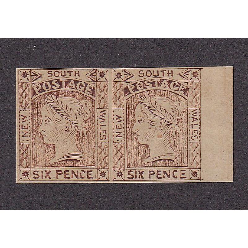 (LD1090) NEW SOUTH WALES · 1888: re-printed marginal pair of 6d Vandyke brown QV Laureate on thick yellowish paper as per SG 72 · VF condition (2 images)