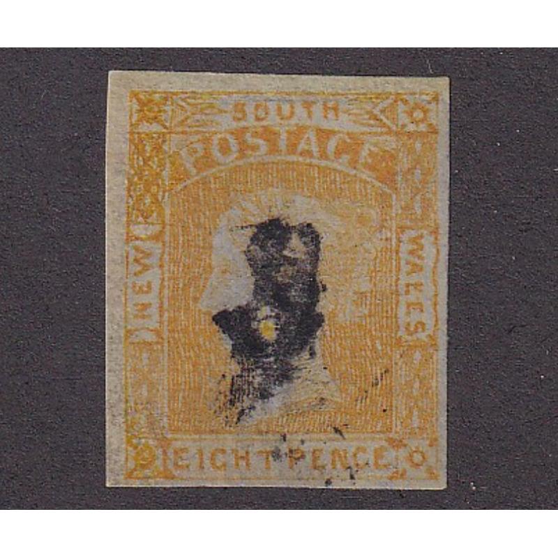 (LD1093) NEW SOUTH WALES · 1853: used 8d orange-yellow QV Laureate SG 80 with 'WAEES' variety · blotchy numeral cancel but with 4 VG to large margins · small paper adhesion from envelope on back · c.v. £750