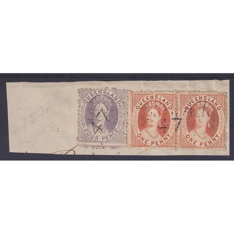 (LD1105) QUEENSLAND · 1866/71: envelope clipping with 2x 1d orange-vermilion and single 4d grey-lilac QV Chalon franking (SG 56,59) · light '47' Rays cancel · total c.v. for stamps £37