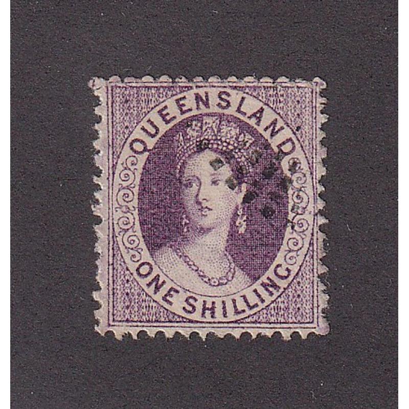 (LD1107) QUEENSLAND · 1874: FU 1/- mauve QV Chalon (Truncated Star wmk · perf.13) · nice example · c.v. £25 (2 images)