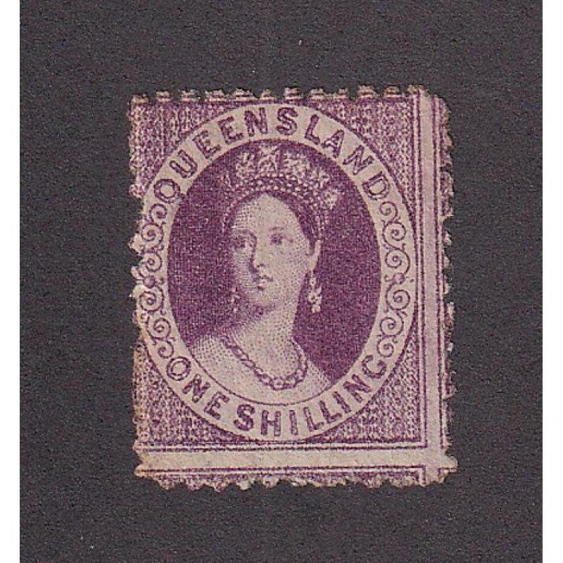 (LD1108) QUEENSLAND · 1876/78: mint 1/- purple QV Chalon (Crown/Q wmk · perf.12 · not all o.g. present (see largest image) · c.v. £250