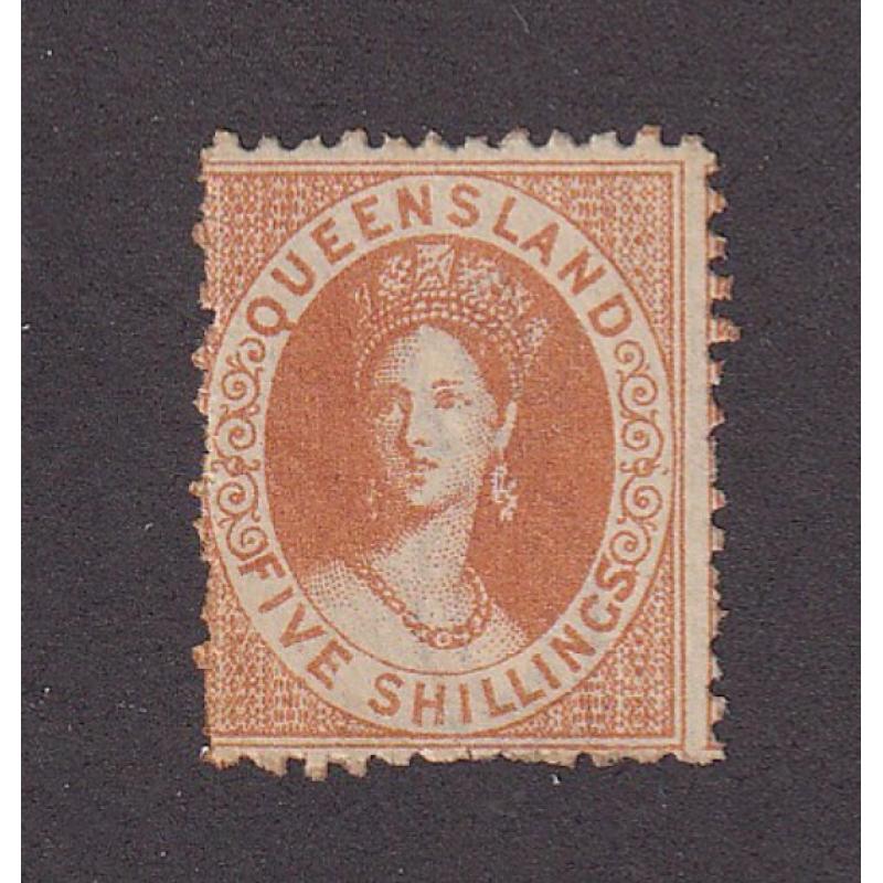 (LD1110) QUEENSLAND · 1880: MVLH 5/- yellow-ochre QV Chalon (Crown/Q wmk · perf.12 · o/c to left side with some poorly punched perfs but a nice example in all other respects · c.v. £550 (2 images)