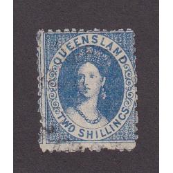 (LD1111) QUEENSLAND · 1880: lightly used 2/- blue QV Chalon (Crown/Q wmk · perf.12) SG 119 · usual centering and perf quality · c.v. £60 (2 images)