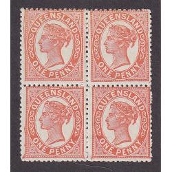 (LD1116) QUEENSLAND · 1895: mint block of 4x 1d orange-red QV S/face (Crown/.Q wmk · perf.13) SG 210 · some min or gum disturbance · LL unit has minor flaw on 2nd 'E' of QUEEN (2 images)