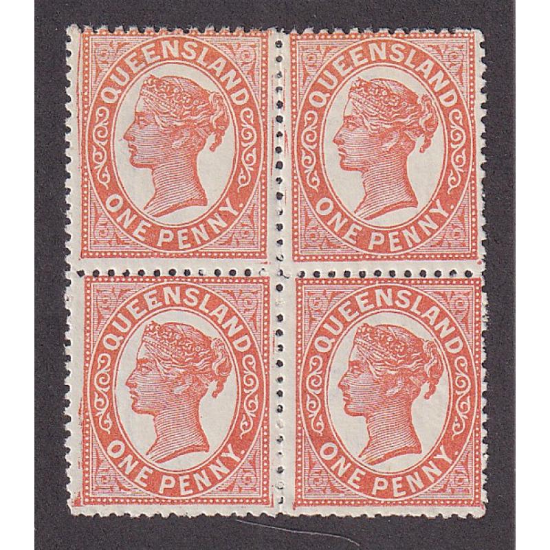 (LD1116) QUEENSLAND · 1895: mint block of 4x 1d orange-red QV S/face (Crown/.Q wmk · perf.13) SG 210 · some min or gum disturbance · LL unit has minor flaw on 2nd 'E' of QUEEN (2 images)