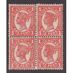 (LD1117) QUEENSLAND · 1897: fine mint block of 4x 1d orange-vermilion QV S/face SG 232 · LH units show FINE DIAGONAL LINES variety (2 images)