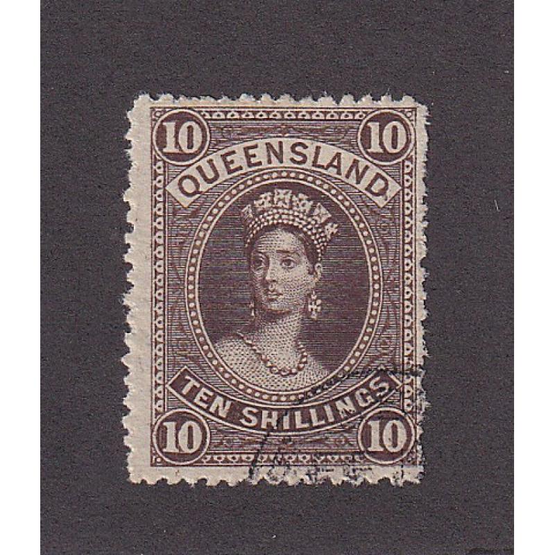 (LD1118) QUEENSLAND · 1895: nicely used 10/- brown QV Chalon on thin paper (Crown/Q wmk · perf.12) SG 164 · datestamp not discernible as being postal · poorly cut perfs on RH side · excellent condition (2 images)