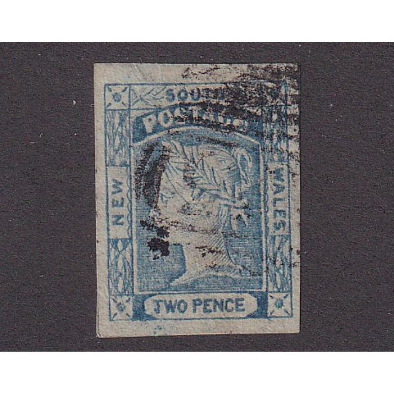 (LD1119) NEW SOUTH WALES · 1854: nicely used Plate 3 2d Prussian bluw QV Laureate SG 85 with 4 excellent margins · c.v. £16