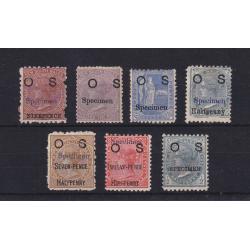 (LD1125) NEW SOUTH WALES · 1880/92: 7x OS overprints overprinted SPECIMEN in a mixed condition SG O11s, O18as, O54/57s & O58as · most are of acceptable appearance from the money side but there are significant gum issues · c.v. £332 (2 images)