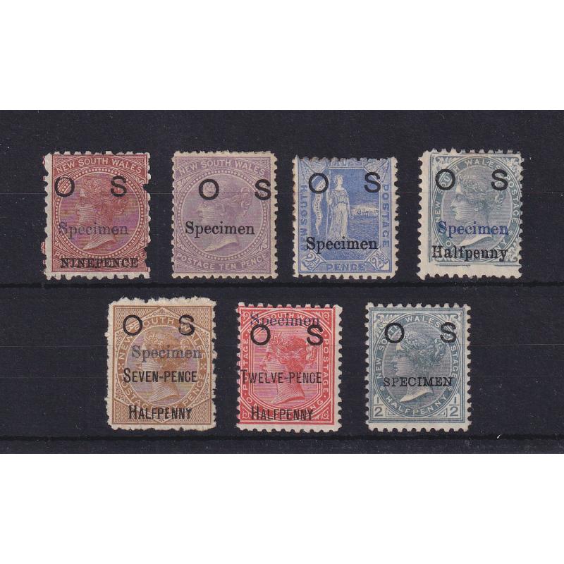 (LD1125) NEW SOUTH WALES · 1880/92: 7x OS overprints overprinted SPECIMEN in a mixed condition SG O11s, O18as, O54/57s & O58as · most are of acceptable appearance from the money side but there are significant gum issues · c.v. £332 (2 images)