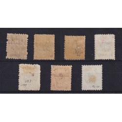 (LD1125) NEW SOUTH WALES · 1880/92: 7x OS overprints overprinted SPECIMEN in a mixed condition SG O11s, O18as, O54/57s & O58as · most are of acceptable appearance from the money side but there are significant gum issues · c.v. £332 (2 images)