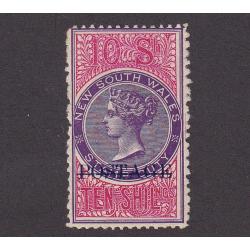 (LD1128) NEW SOUTH WALES · 1904: mint 10/- violet & rosine QV revenue on chalk surfaced paper perf.12x11 optd POSTAGE in blue SG 277b · a couple of short perfs at L o/wise in excellent condition · c.v. £400 (2 images)