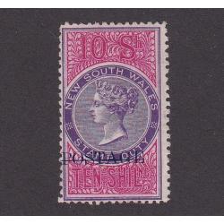 (LD1129) NEW SOUTH WALES · 1894: MNG 10/- violet & aniline crimson revenue perf.12x11 optd POSTAGE in blue SG 276 in fine condition front/reverse · c.v. £350 for mint and £55 for used (2 images)