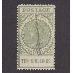 (LD1164) SOUTH AUSTRALIA · 1908: used 10/- green QV "Thick Postage" Long Stamp SG 291 in excellent condition · c.v. £170 (2 images)