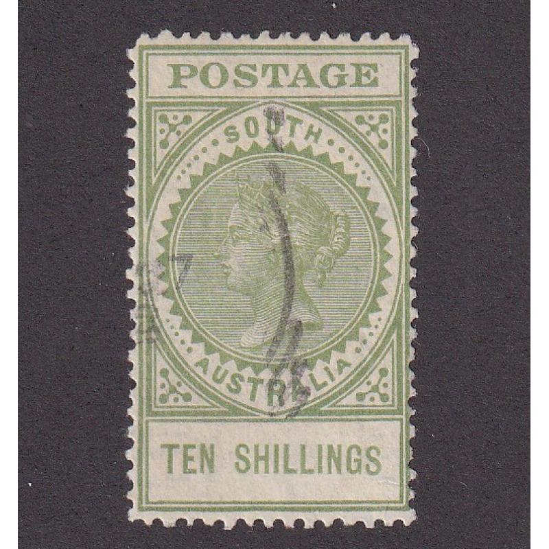 (LD1164) SOUTH AUSTRALIA · 1908: used 10/- green QV "Thick Postage" Long Stamp SG 291 in excellent condition · c.v. £170 (2 images)