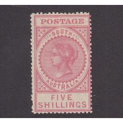 (LD1166) SOUTH AUSTRALIA · 1910: fresh mint 5/- pale rose QV "Thick Postage" Long Stamp (Crown/SA wmk · perf.12½) SG 290b · a couple of shortish perfs o/wise in excellent condition · c.v. £140 (2 images)