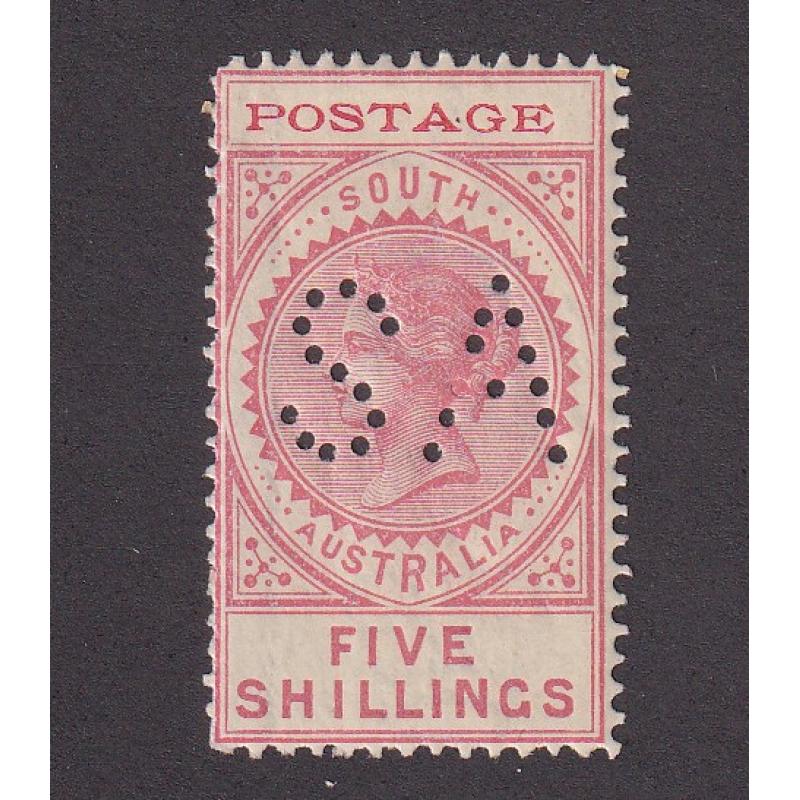 (LD1168) SOUTH AUSTRALIA · 1902: mint 5/- rose QV "Thin Postage" Long Stamp SG 277 with 'SA' official perfin · small paper gum adhesion o/wise in excellent condition · c.v. £120 for "normal" (2 images)