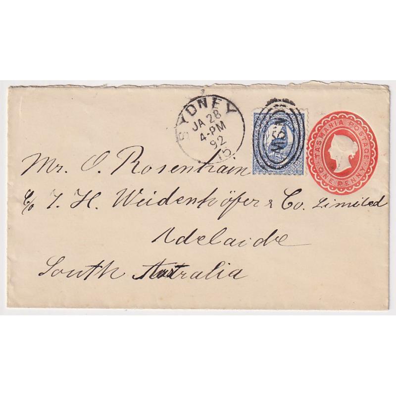 (LD1169) NEW SOUTH WALES · 1892: Tasmanian 1d QV stamped-to-order envelope commercially used at Sydney · postage not valid outside of TAS so 2d Emu affixed and cancelled with duplex canceller · excellent clean condition