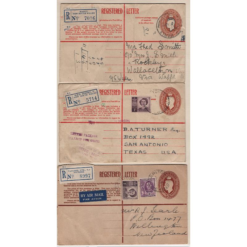 (LD1518) AUSTRALIA · 1942/49: three used 5½d brown KGVI registered letter envelopes BW RE32 x2 with missing flaps and RE33 · see largest image (3)