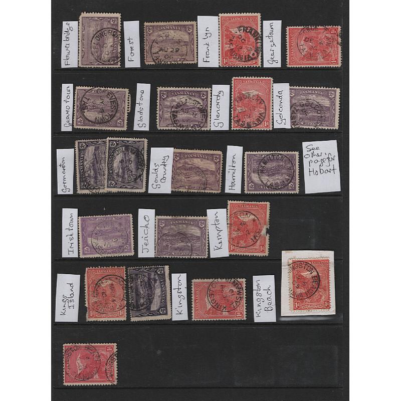 (LD1523L) TASMANIA · 10 Hagners housing mainly 1d & 2d Pictorials assembled for "postmark interest" · mostly 2nd choice quality however useful items are present · 250+ stamps in mixed condition (4 sample images)