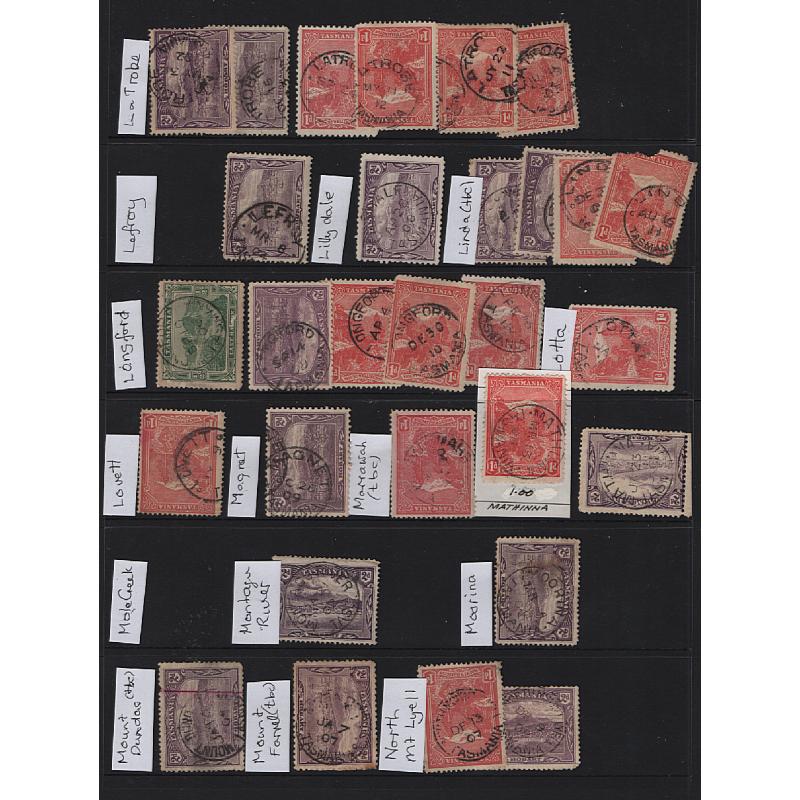 (LD1523L) TASMANIA · 10 Hagners housing mainly 1d & 2d Pictorials assembled for "postmark interest" · mostly 2nd choice quality however useful items are present · 250+ stamps in mixed condition (4 sample images)