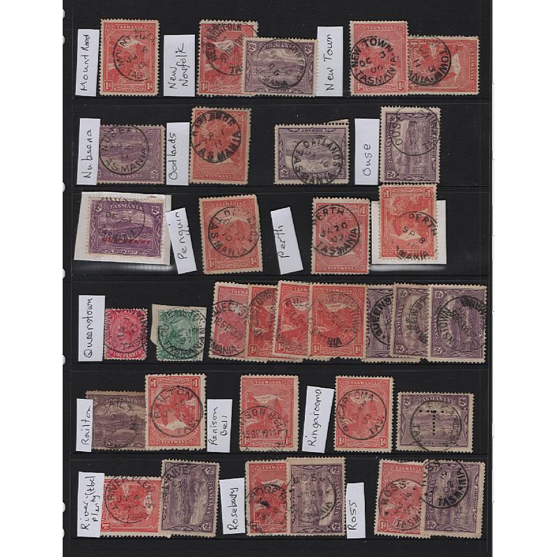 (LD1523L) TASMANIA · 10 Hagners housing mainly 1d & 2d Pictorials assembled for "postmark interest" · mostly 2nd choice quality however useful items are present · 250+ stamps in mixed condition (4 sample images)