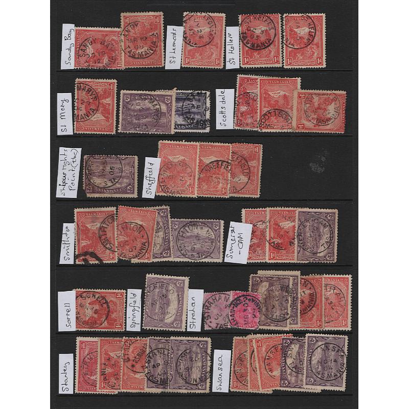 (LD1523L) TASMANIA · 10 Hagners housing mainly 1d & 2d Pictorials assembled for "postmark interest" · mostly 2nd choice quality however useful items are present · 250+ stamps in mixed condition (4 sample images)