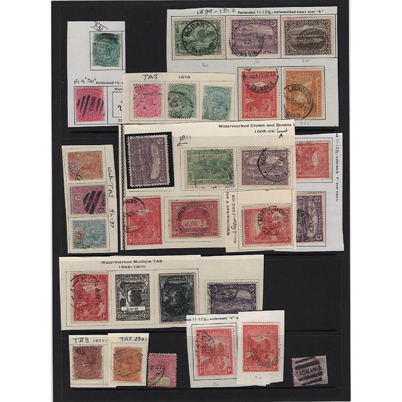 (LD1524L) TASMANIA · 5 s/sheets housing M/U/fiscally used oddments in a mixed condition · includes "better" · noted a page of official perfins, postally used Chalons, values to 2/6d and so on · 150+ (5 images)