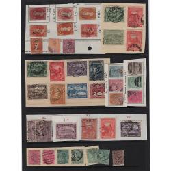 (LD1524L) TASMANIA · 5 s/sheets housing M/U/fiscally used oddments in a mixed condition · includes "better" · noted a page of official perfins, postally used Chalons, values to 2/6d and so on · 150+ (5 images)