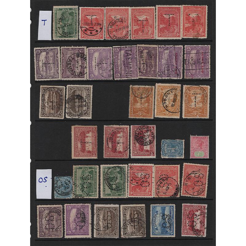 (LD1524L) TASMANIA · 5 s/sheets housing M/U/fiscally used oddments in a mixed condition · includes "better" · noted a page of official perfins, postally used Chalons, values to 2/6d and so on · 150+ (5 images)