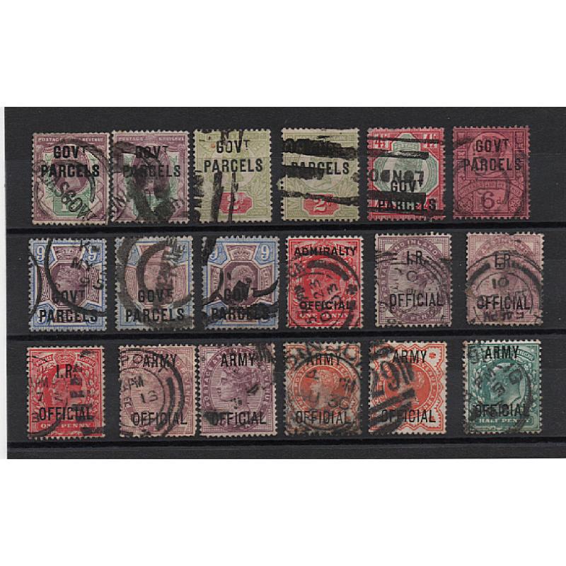 (LD1527) GREAT BRITAIN · 1882/1904: duplicated assembly of used official overprints to 9d in a mixed condition comprising GOVT PARCELS (9), ADMIRALTY (1), I.R. (3) and ARMY (5) · total c.v. £900+ (18)