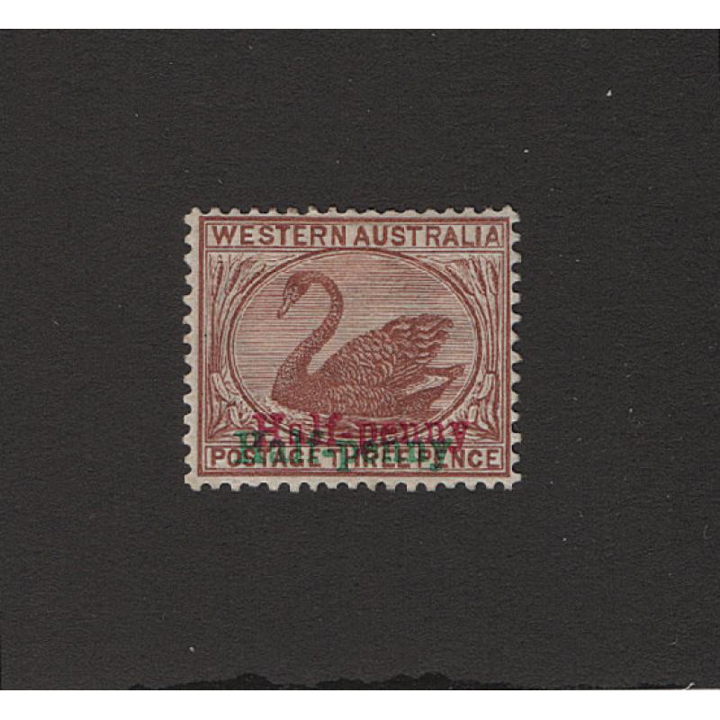 (LD1536) WESTERN AUSTRALIA · 1895: mint 3d red-brown Swan (Crown/CA wmk) overprinted "Half-penny" in RED and GREEN SG 111b · clean hinge remnant · excellent condition · c.v. £85 (2 images)