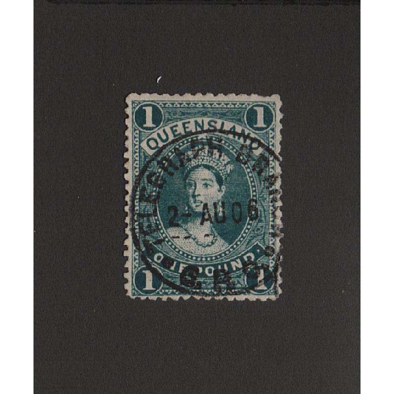 (LD1546) QUEENSLAND · 1907: used £1 deep green QV Chalon (Crown/A wmk twice s/ways · perf.12) SG 274 · Telegraph Branch cds · a short perf sat top o/wise in excellent condition · c.v. £130 (2 images)