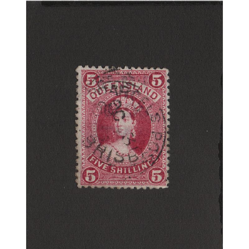 (LD1547) QUEENSLAND · 1886: lightly used 5/- rose QV Chalon (large Crown/Q wmk · thick paper) SG 159 · fine condition · c.v. £45 (2 images)