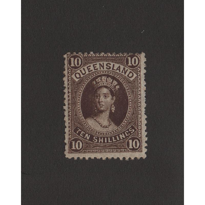 (LD1548) QUEENSLAND · 1882: unused 10/- brown QV Chalon (Crown/Q wmk · thin paper) SG 155 · a very small amount of OG · c.v. for mint £250 (2 images)